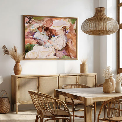 This charming watercolor painting captures a serene and intimate moment between a mother and child, for Dining