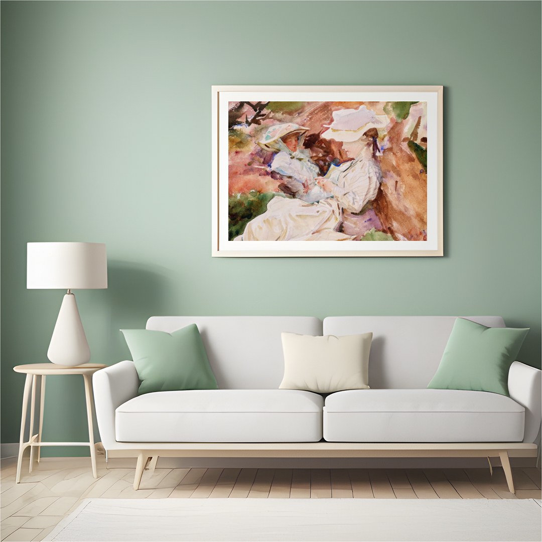This charming watercolor painting captures a serene and intimate moment between a mother and child, for Hall