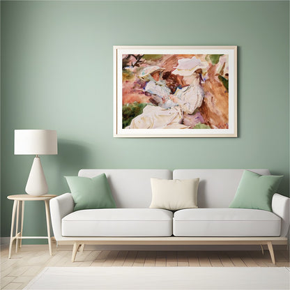 This charming watercolor painting captures a serene and intimate moment between a mother and child, for Hall