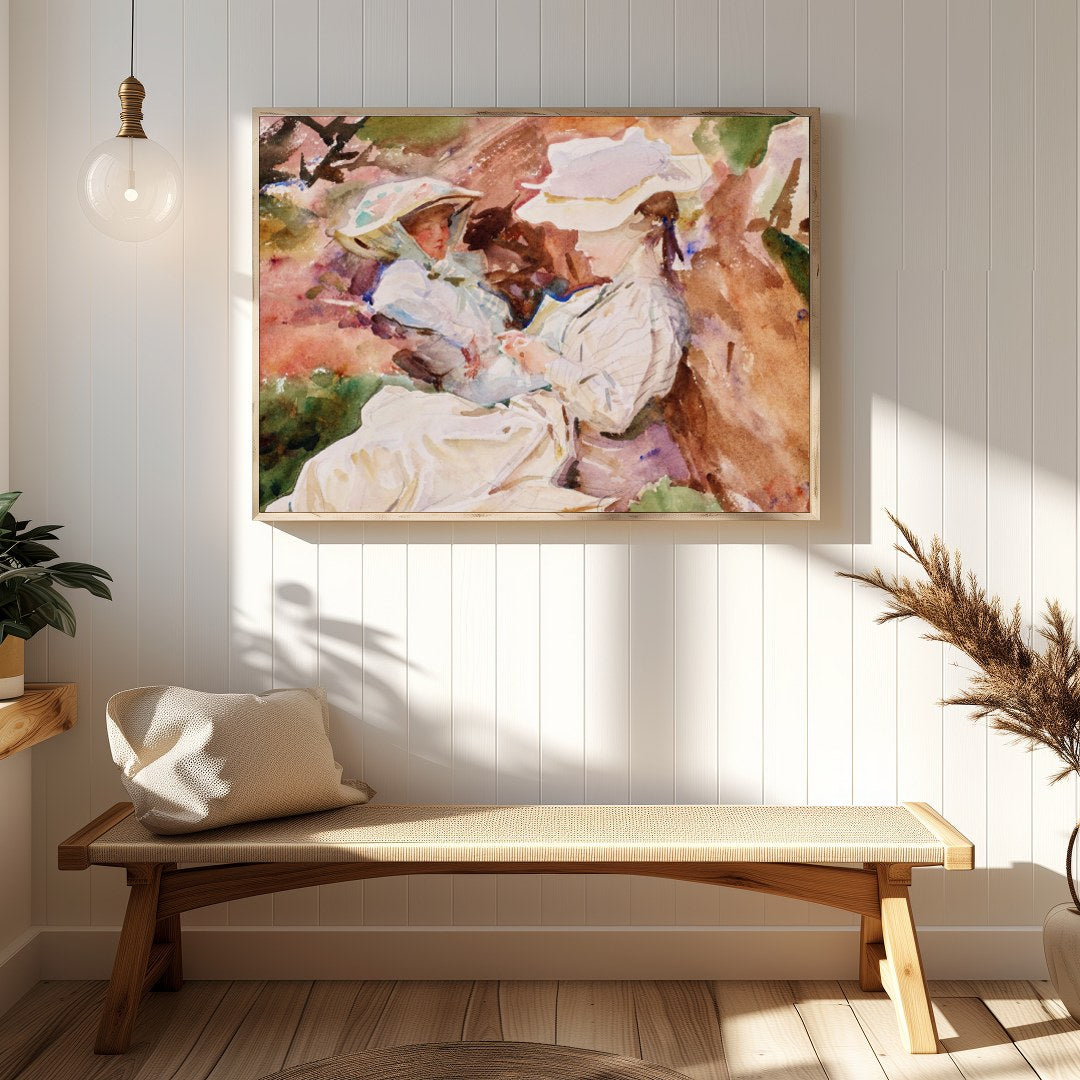 This charming watercolor painting captures a serene and intimate moment between a mother and child, for Hallway