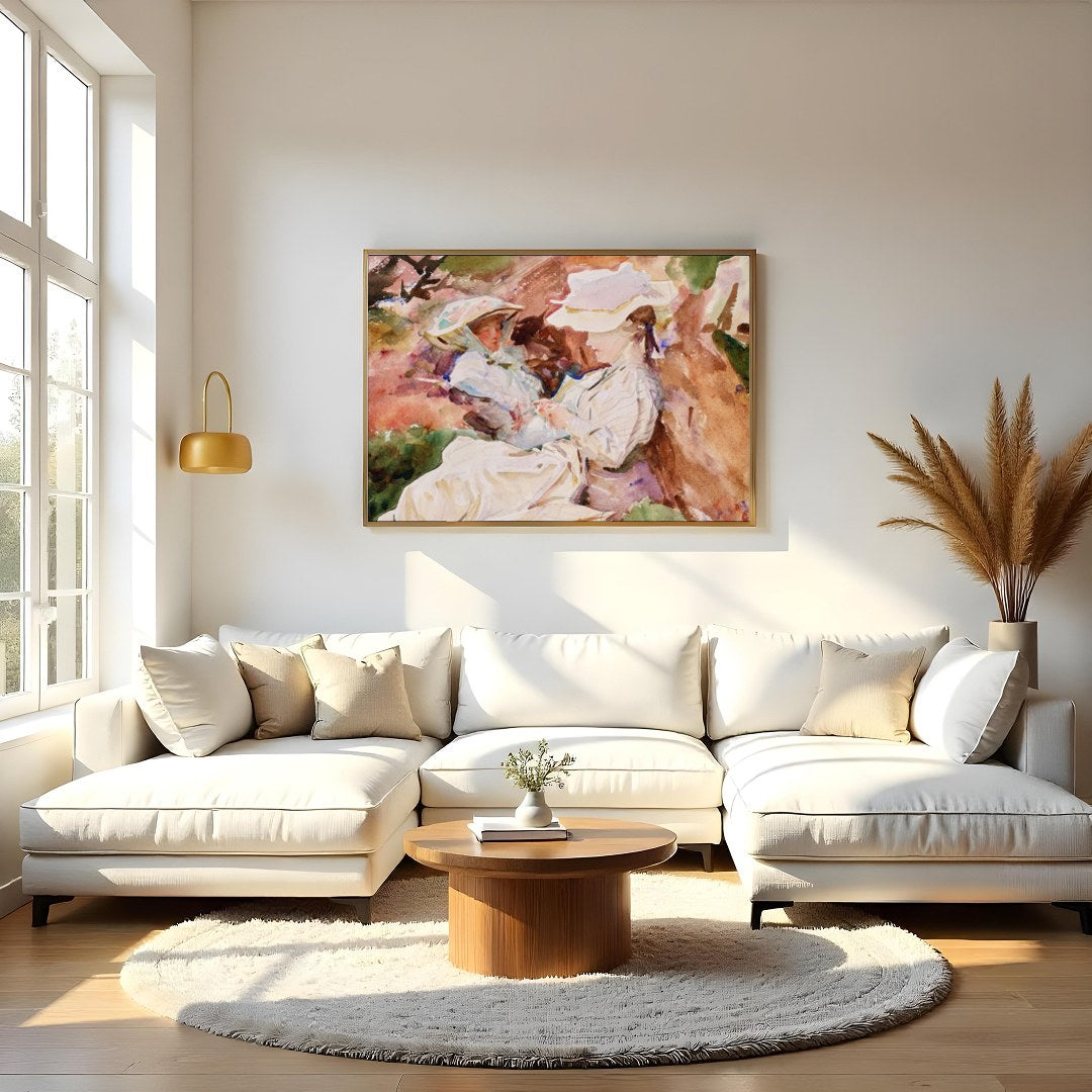 This charming watercolor painting captures a serene and intimate moment between a mother and child, for Living Room
