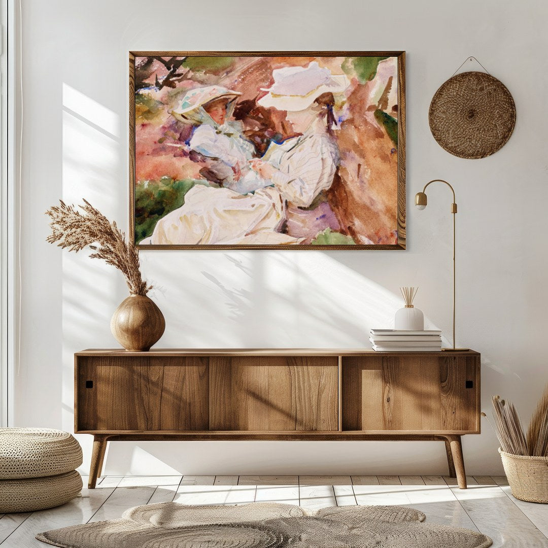 This charming watercolor painting captures a serene and intimate moment between a mother and child, for Sitting Area
