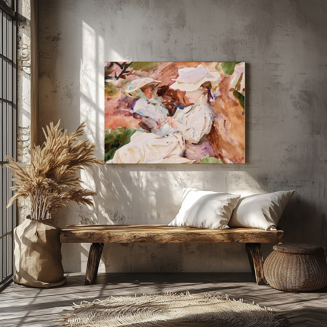 This charming watercolor painting captures a serene and intimate moment between a mother and child, for Veranda