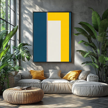 This bold and modern artwork features a striking balance of geometric shapes in deep blue and for Balcony