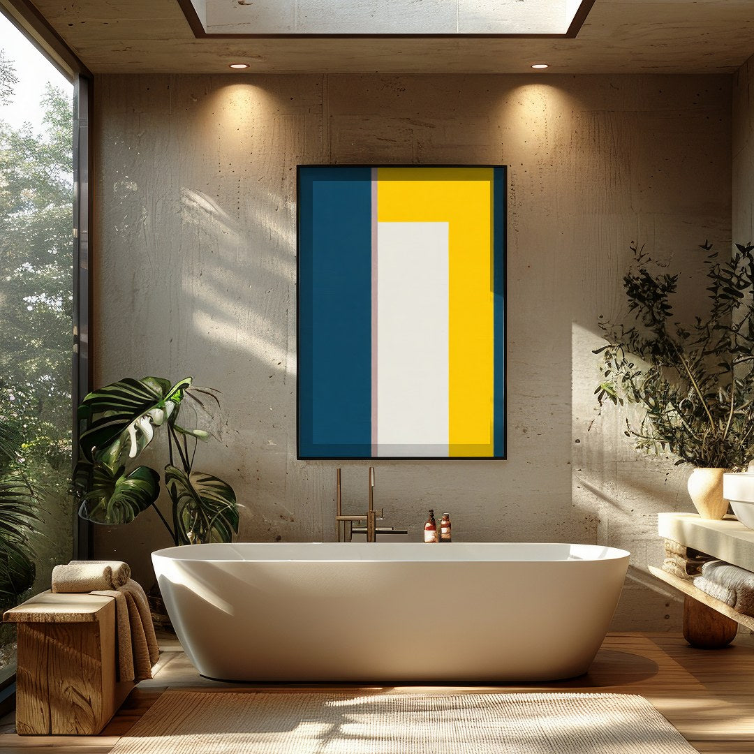 This bold and modern artwork features a striking balance of geometric shapes in deep blue and for Bathroom