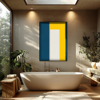 This bold and modern artwork features a striking balance of geometric shapes in deep blue and for Bathroom