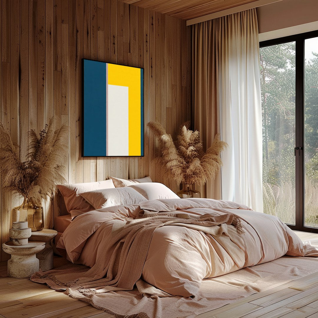 This bold and modern artwork features a striking balance of geometric shapes in deep blue and for Bedroom