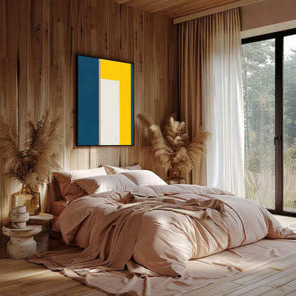 This bold and modern artwork features a striking balance of geometric shapes in deep blue and for Bedroom