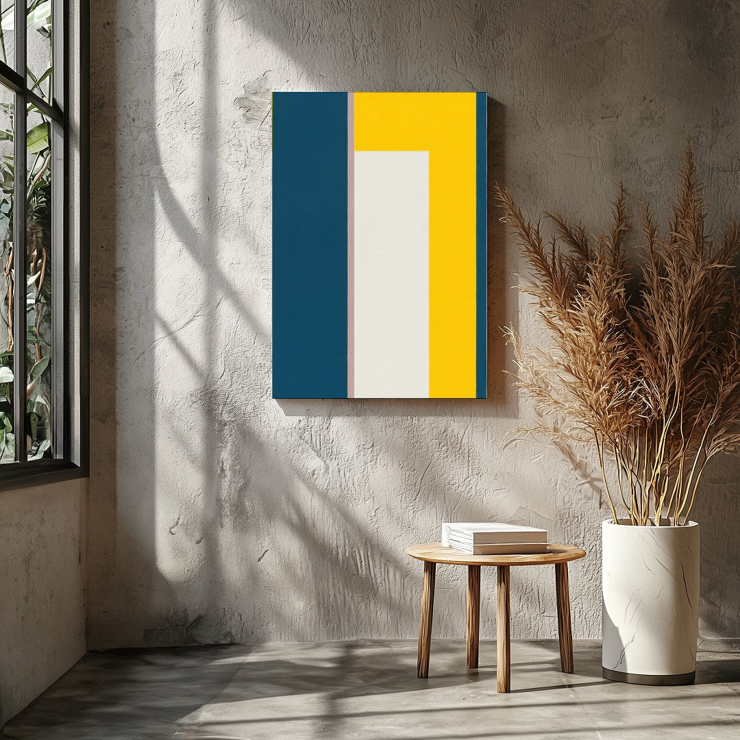 This bold and modern artwork features a striking balance of geometric shapes in deep blue and for Entrance