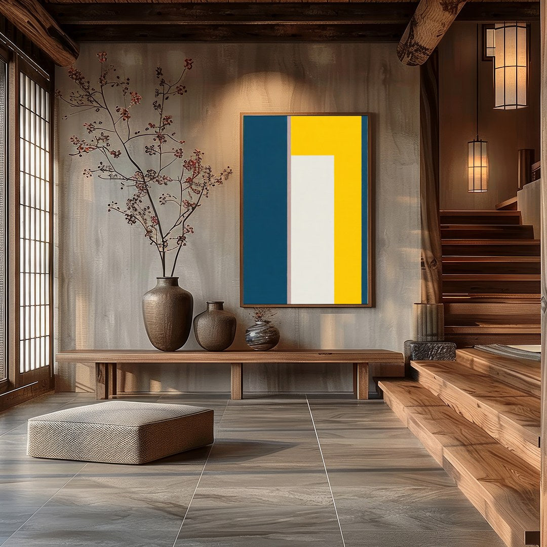 This bold and modern artwork features a striking balance of geometric shapes in deep blue and for Hall