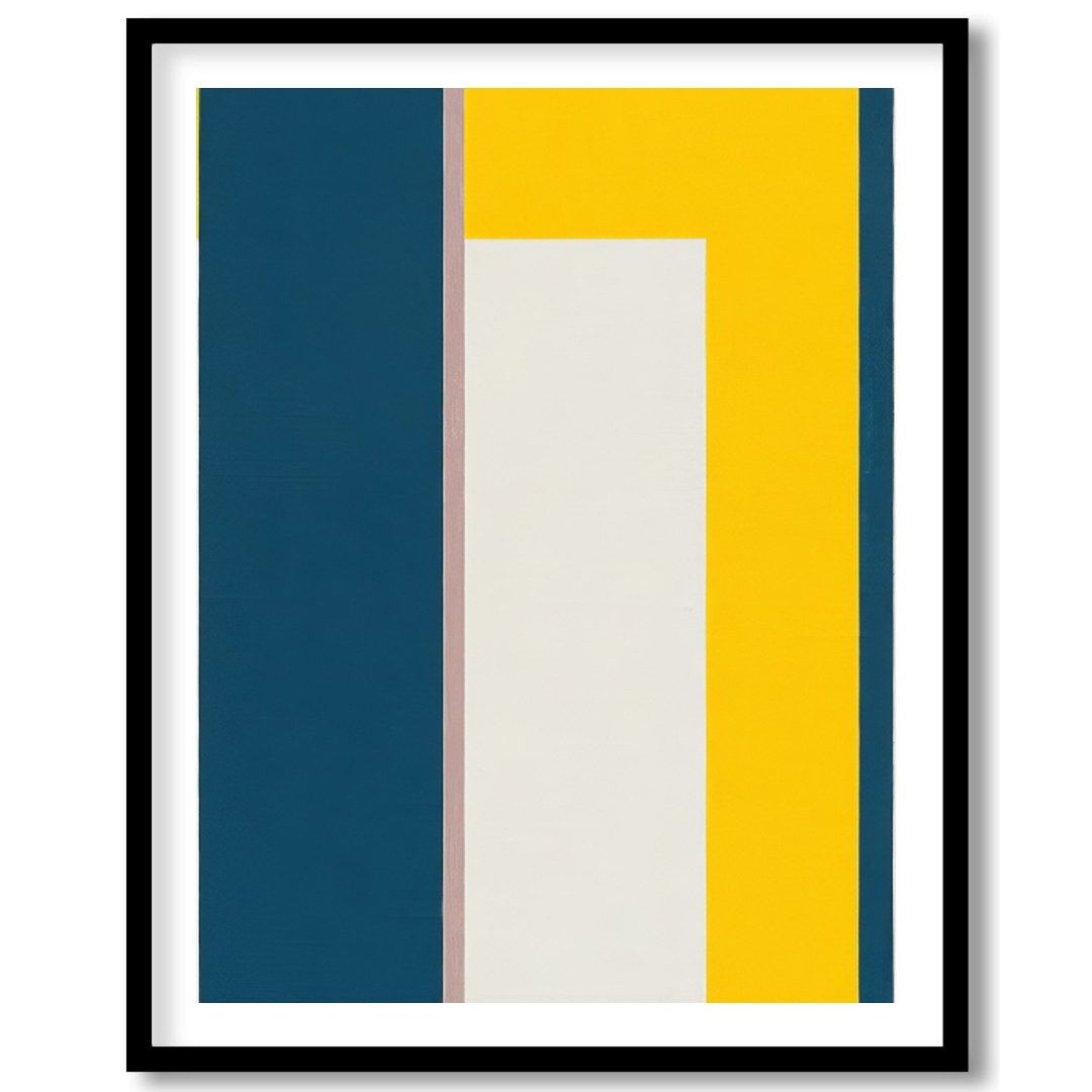 This bold and modern artwork features a striking balance of geometric shapes in deep blue and for haven