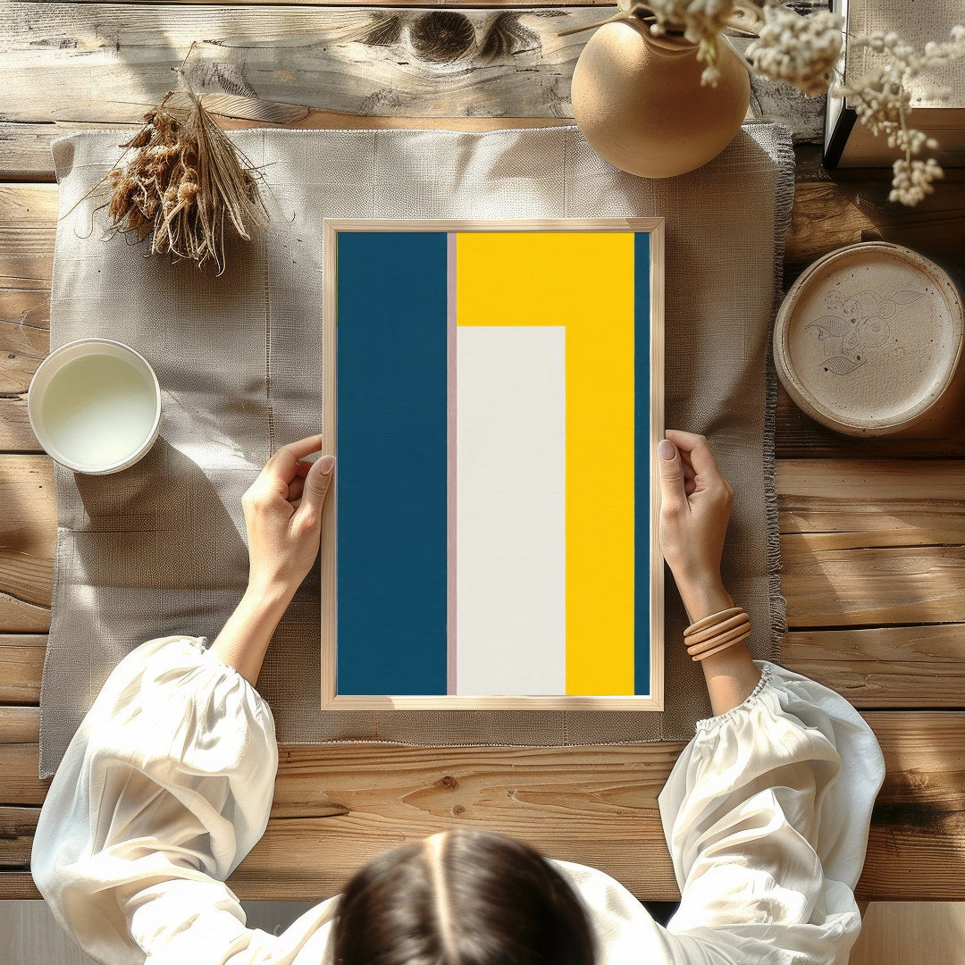 This bold and modern artwork features a striking balance of geometric shapes in deep blue and for Kitchen