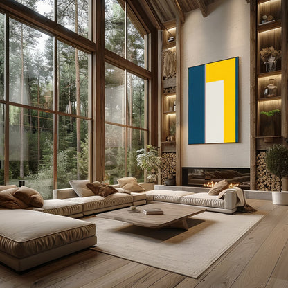 This bold and modern artwork features a striking balance of geometric shapes in deep blue and for Living Room