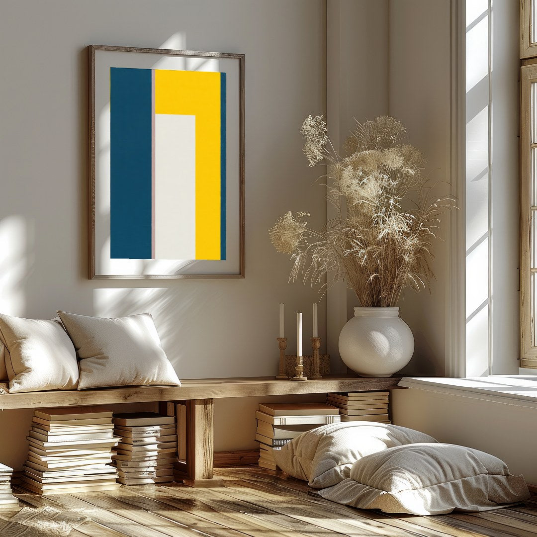 This bold and modern artwork features a striking balance of geometric shapes in deep blue and for sanctuary