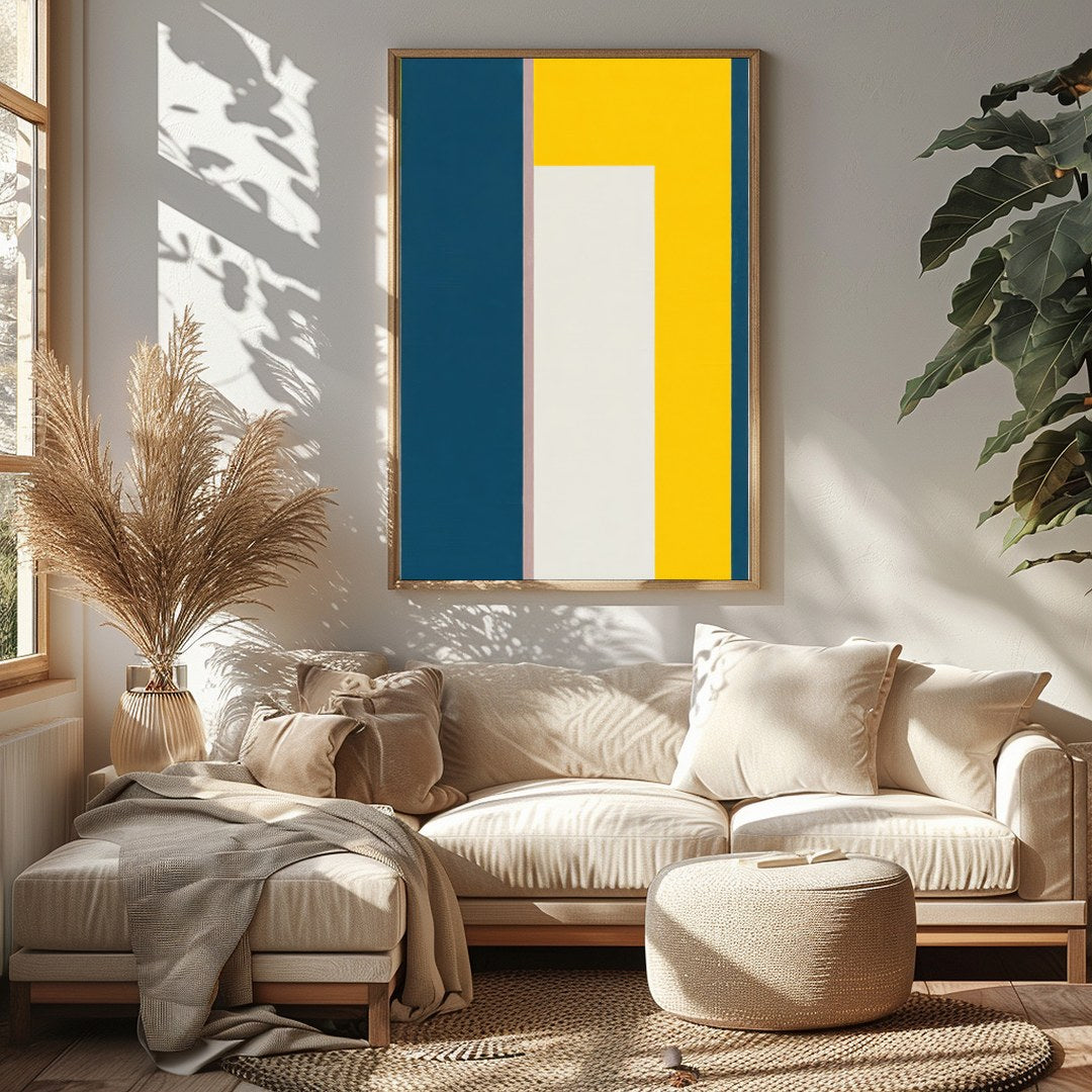 This bold and modern artwork features a striking balance of geometric shapes in deep blue and for Sitting Area