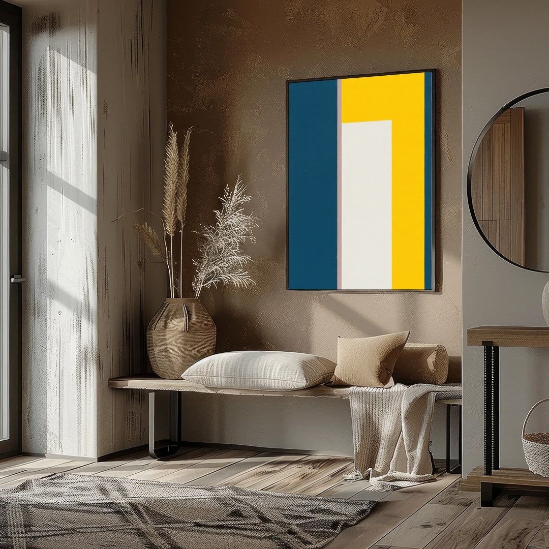 This bold and modern artwork features a striking balance of geometric shapes in deep blue and for space