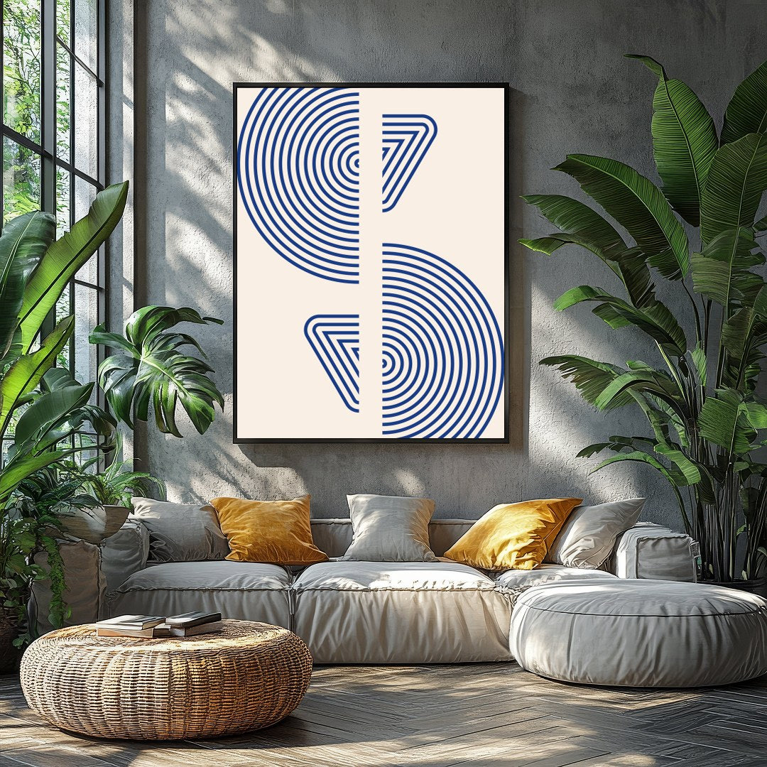This captivating piece features intricate blue concentric circles set against a soft beige for Balcony