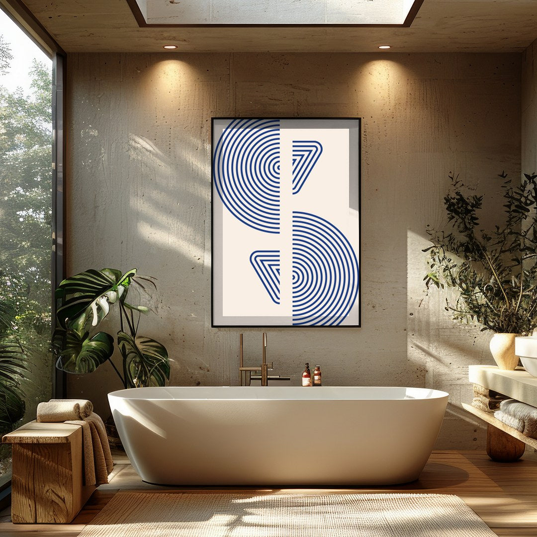 This captivating piece features intricate blue concentric circles set against a soft beige for Bathroom