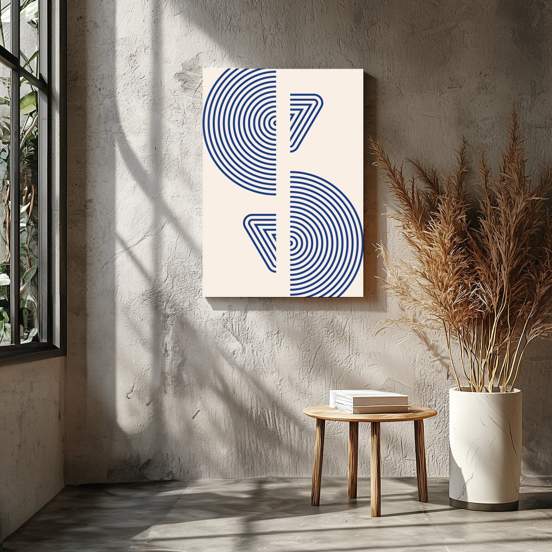 This captivating piece features intricate blue concentric circles set against a soft beige for Entrance