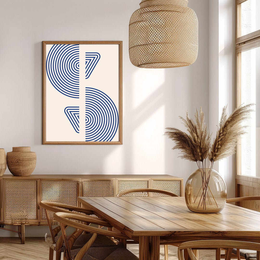 This captivating piece features intricate blue concentric circles set against a soft beige for Extra Kitchen