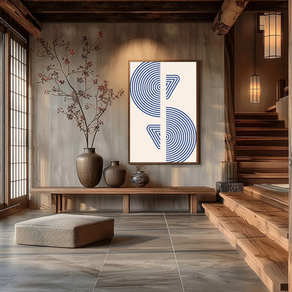 This captivating piece features intricate blue concentric circles set against a soft beige for Hall