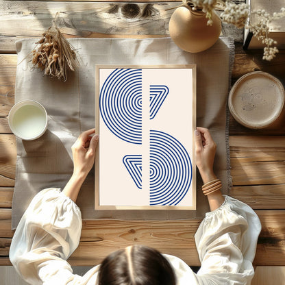 This captivating piece features intricate blue concentric circles set against a soft beige for Kitchen