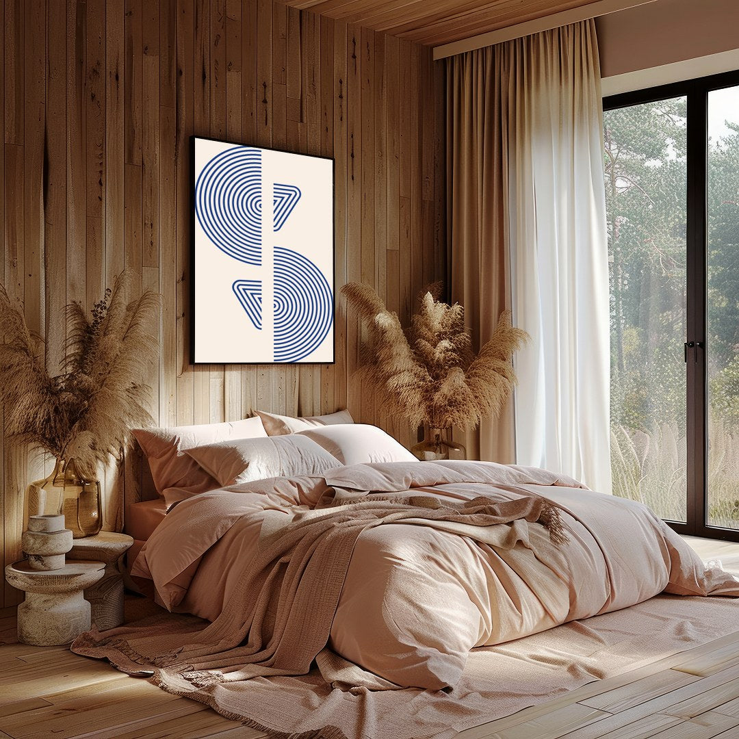 This captivating piece features intricate blue concentric circles set against a soft beige for nook