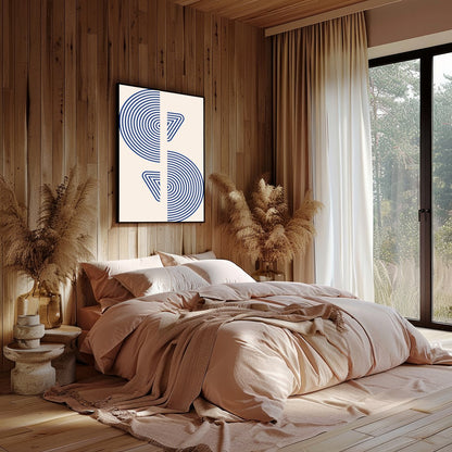This captivating piece features intricate blue concentric circles set against a soft beige for nook