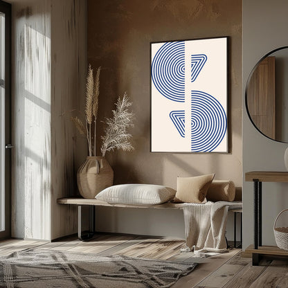 This captivating piece features intricate blue concentric circles set against a soft beige for retreat