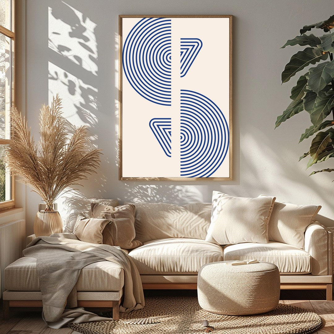 This captivating piece features intricate blue concentric circles set against a soft beige for Sitting Area