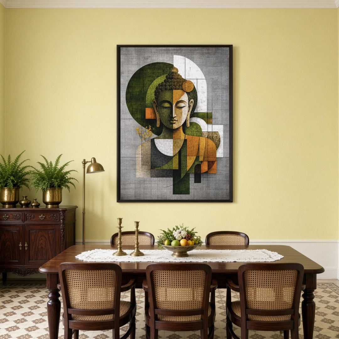Experience the tranquility of Buddha in this exquisite geometric art piece, where symmetry and for Dining