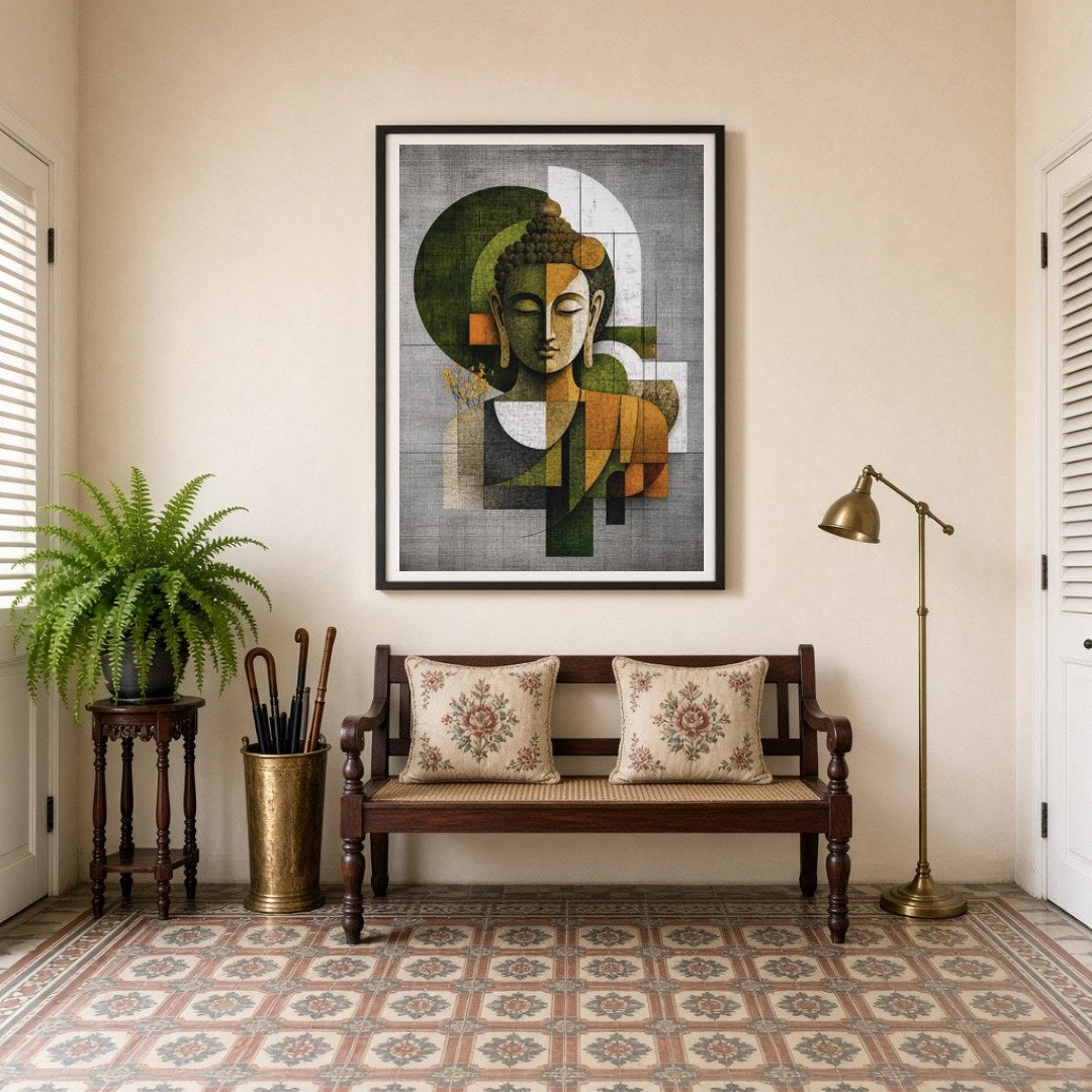 Experience the tranquility of Buddha in this exquisite geometric art piece, where symmetry and for Entrance