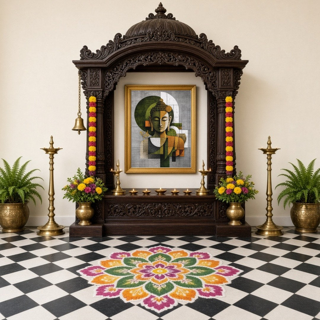 Experience the tranquility of Buddha in this exquisite geometric art piece, where symmetry and for Home Temple