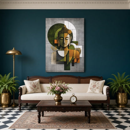 Experience the tranquility of Buddha in this exquisite geometric art piece, where symmetry and for Living Room
