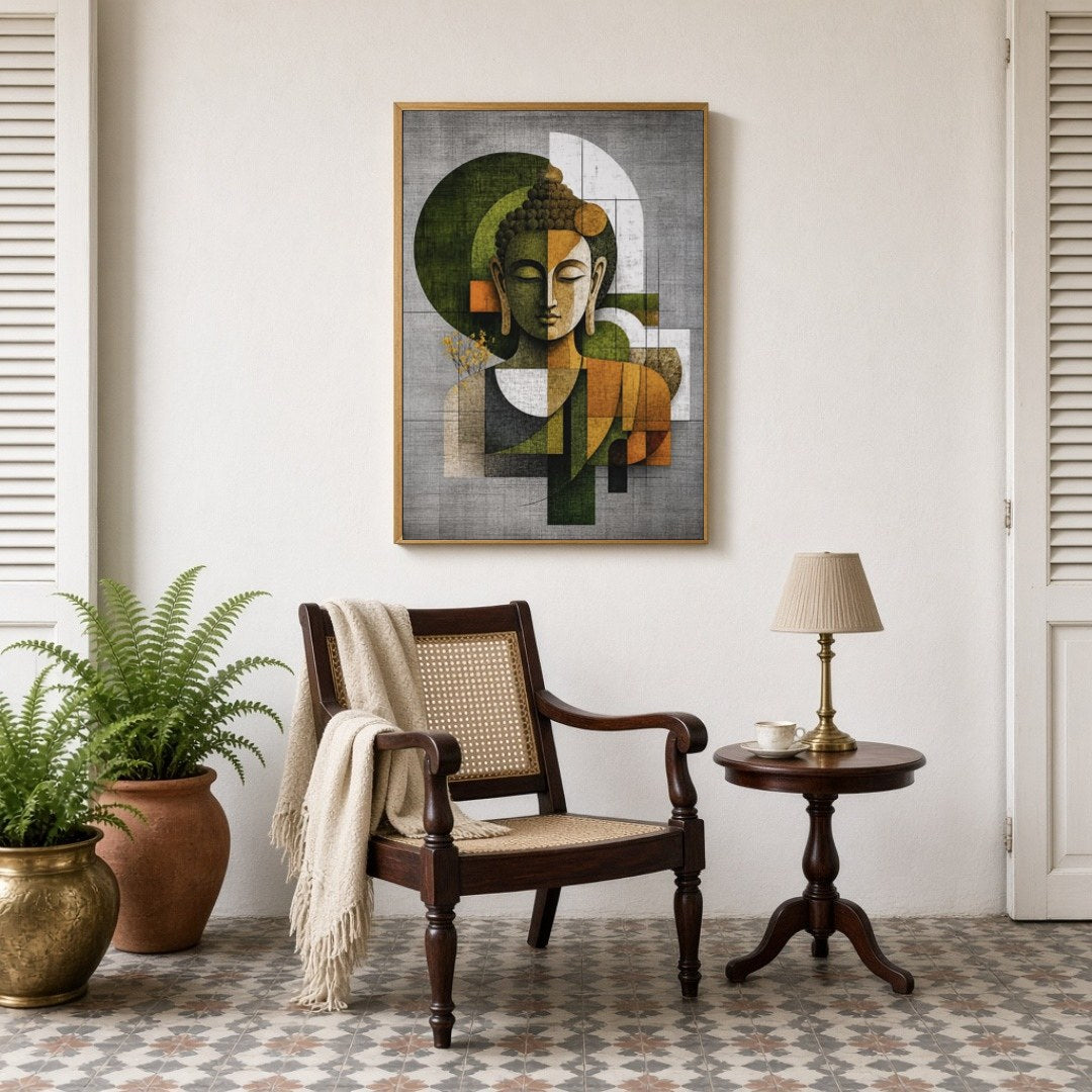 Experience the tranquility of Buddha in this exquisite geometric art piece, where symmetry and for Sitting Lounge
