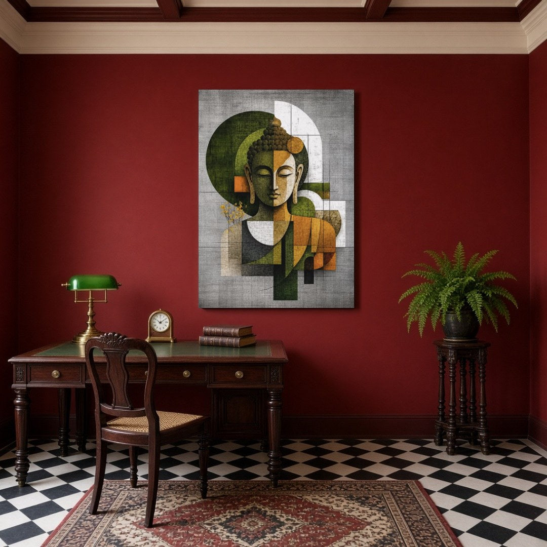 Experience the tranquility of Buddha in this exquisite geometric art piece, where symmetry and for Study