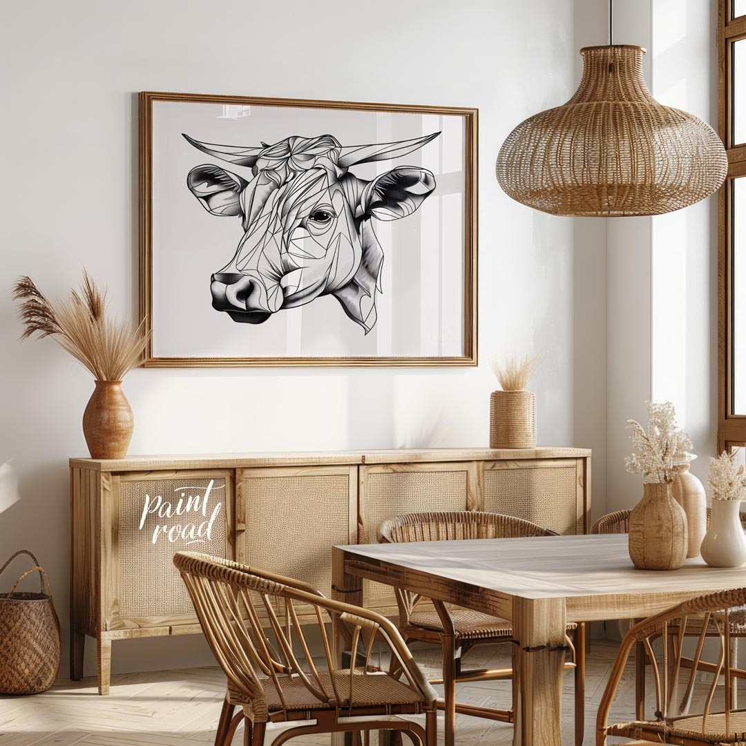 This striking black and white illustration features the head of a cow rendered in a unique geometri… for dining room