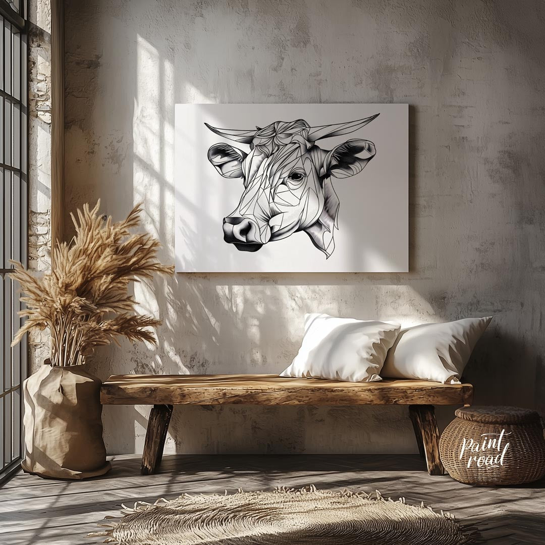 This striking black and white illustration features the head of a cow rendered in a unique geometri… for entryway