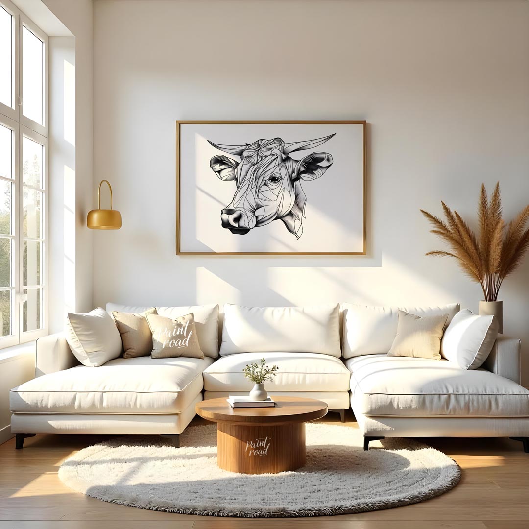 This striking black and white illustration features the head of a cow rendered in a unique geometri… for living room