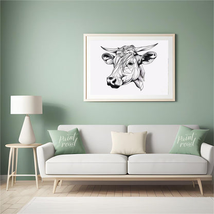 This striking black and white illustration features the head of a cow rendered in a unique geometri… for living room