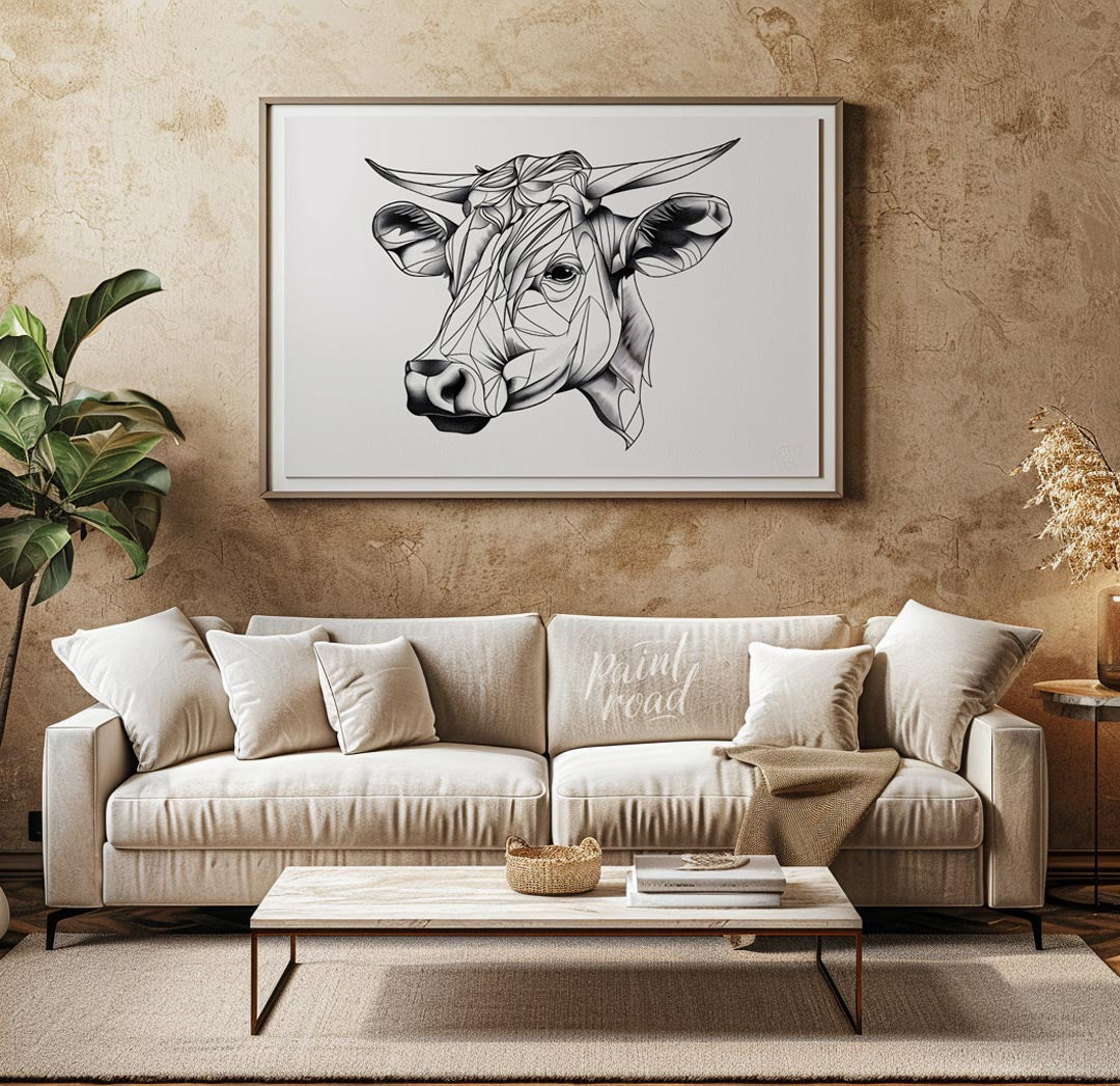 This striking black and white illustration features the head of a cow rendered in a unique geometri… for living room