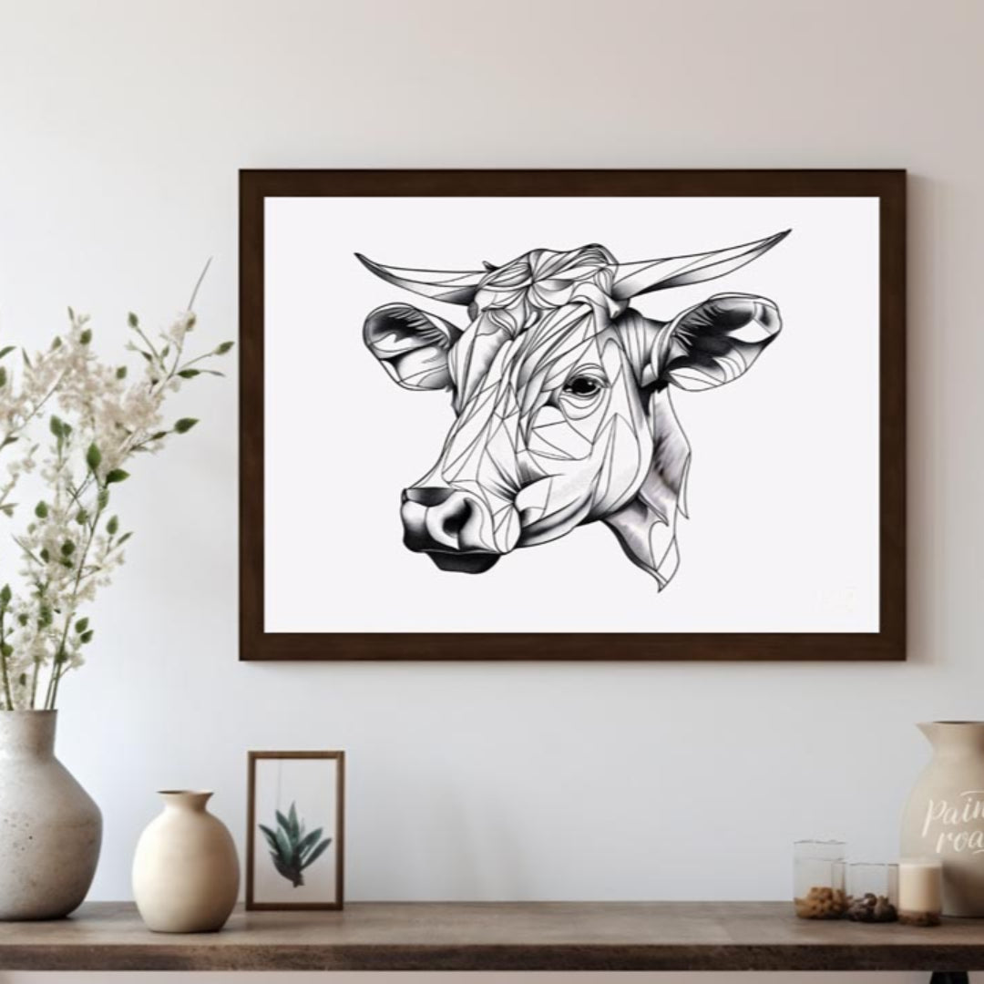 This striking black and white illustration features the head of a cow rendered in a unique geometri… for living room