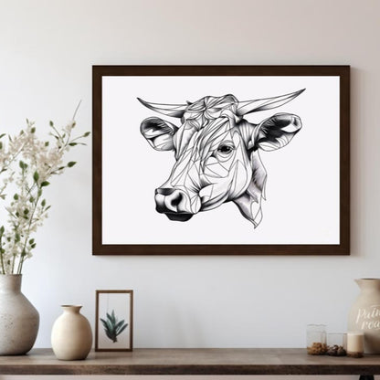 This striking black and white illustration features the head of a cow rendered in a unique geometri… for living room