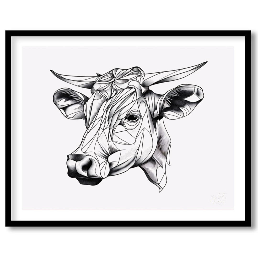 This striking black and white illustration features the head of a cow rendered in a unique geometri… for place