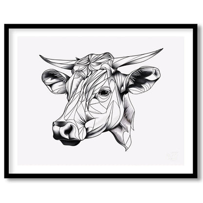 This striking black and white illustration features the head of a cow rendered in a unique geometri… for place