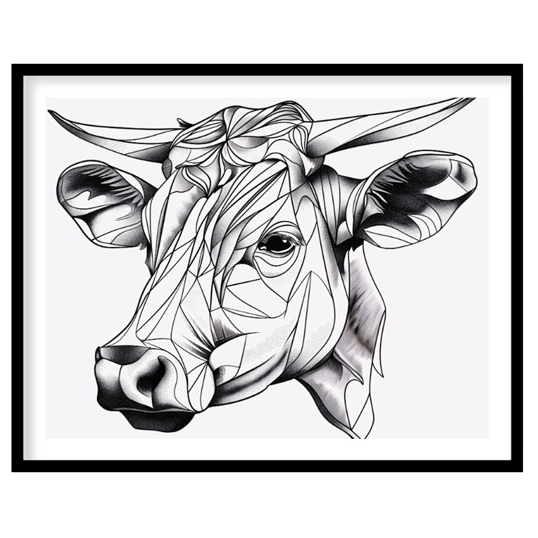 This striking black and white illustration features the head of a cow rendered in a unique geometri… for place