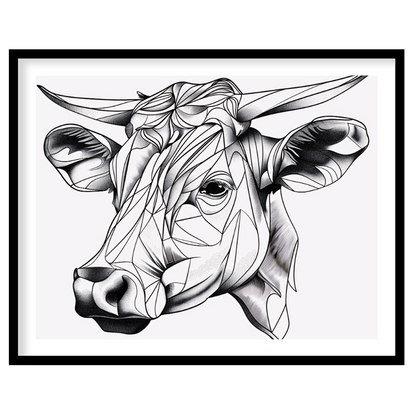 This striking black and white illustration features the head of a cow rendered in a unique geometri… for place