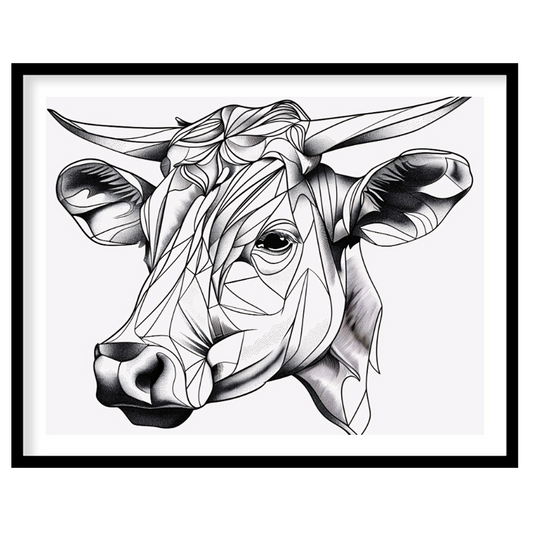 This striking black and white illustration features the head of a cow rendered in a unique geometri… for place