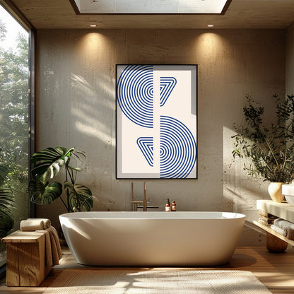 Enhance your space with a striking geometric piece that features bold blue concentric circles split for Bathroom