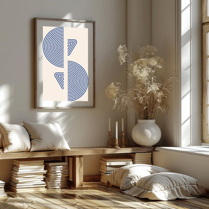 Enhance your space with a striking geometric piece that features bold blue concentric circles split for bedroom